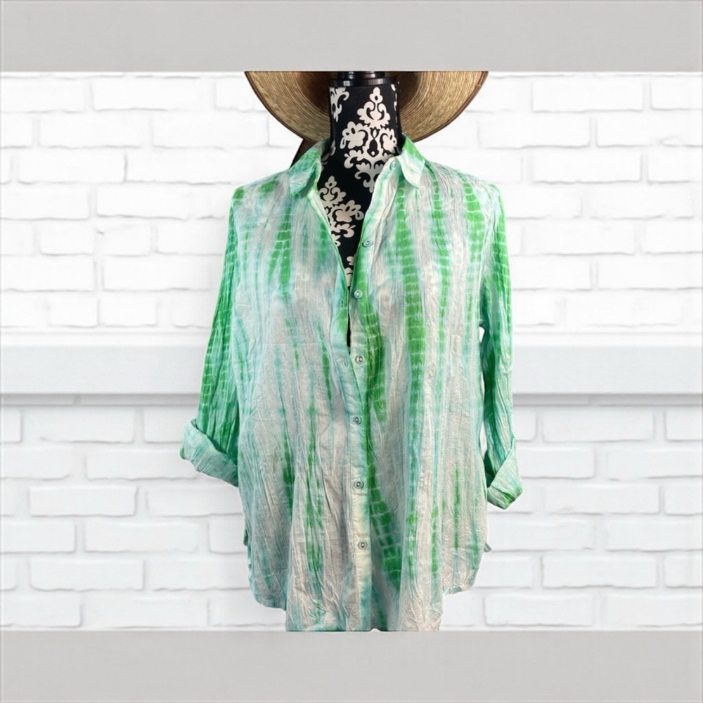 Foxcroft Green and White Boxy Button Down Shirt​​
